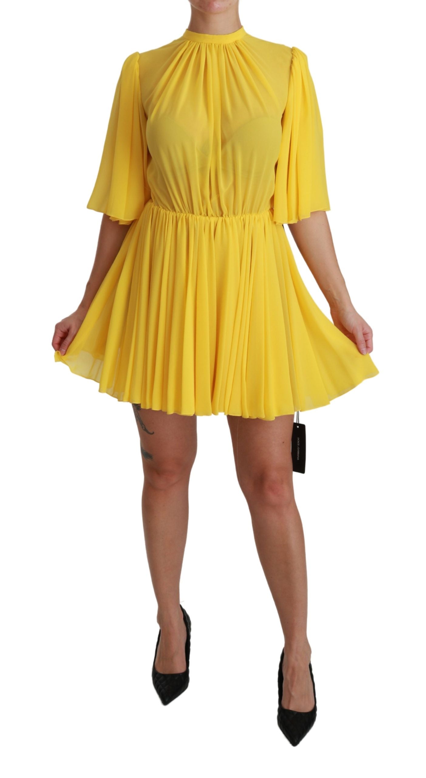 Silk Pleated A-line Mini Dress in Sunshine Yellow