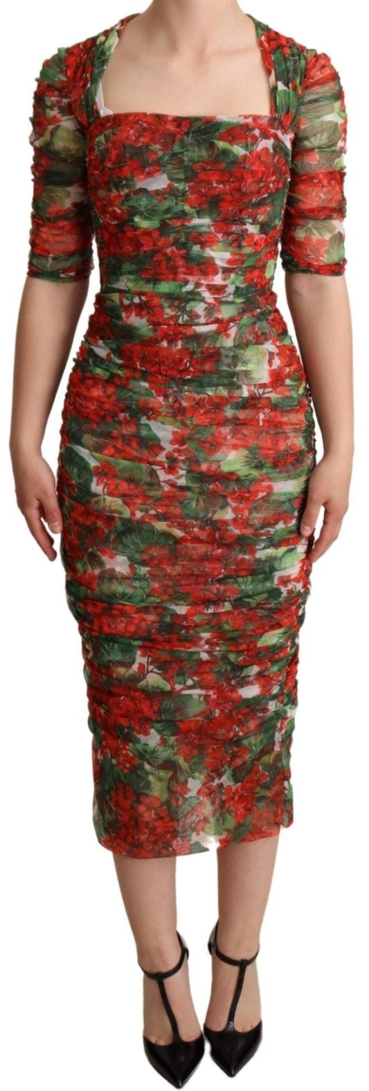 Elegant Red Floral Midi Sheath Dress