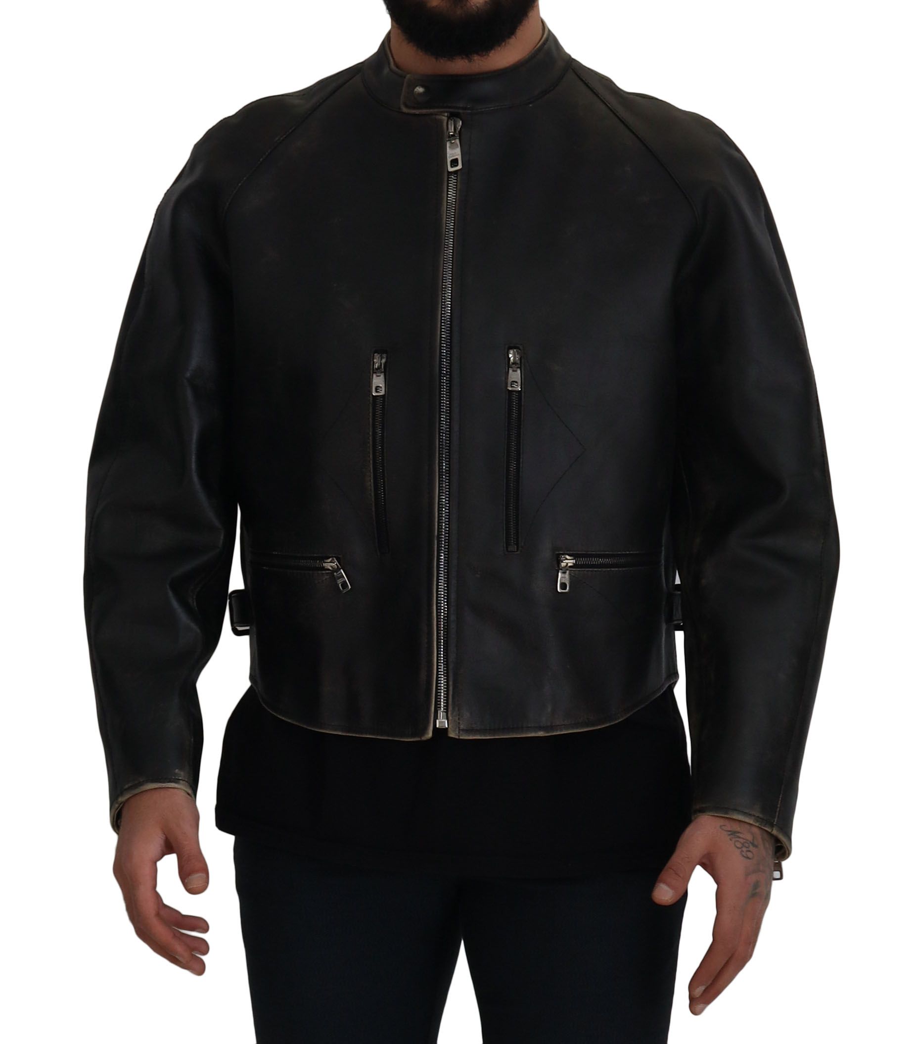 Elegant Black Leather Jacket with Silver Details