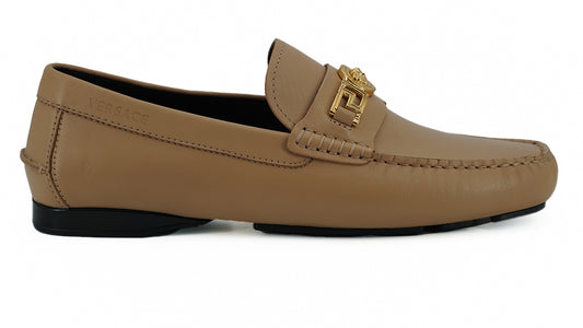 Exquisite Medusa Gold-Tone Leather Loafers