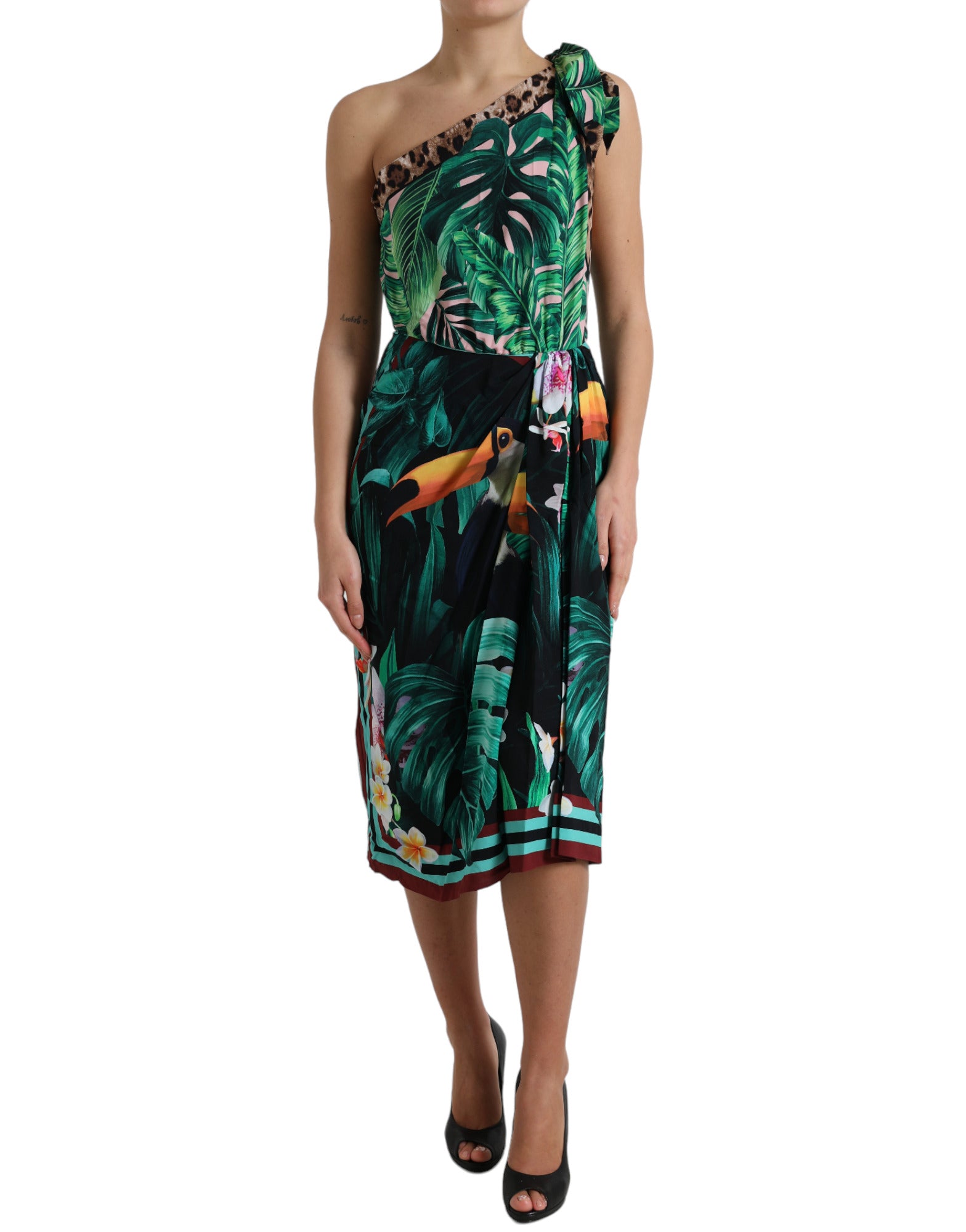 Tropical Jungle Print One-Shoulder Dress