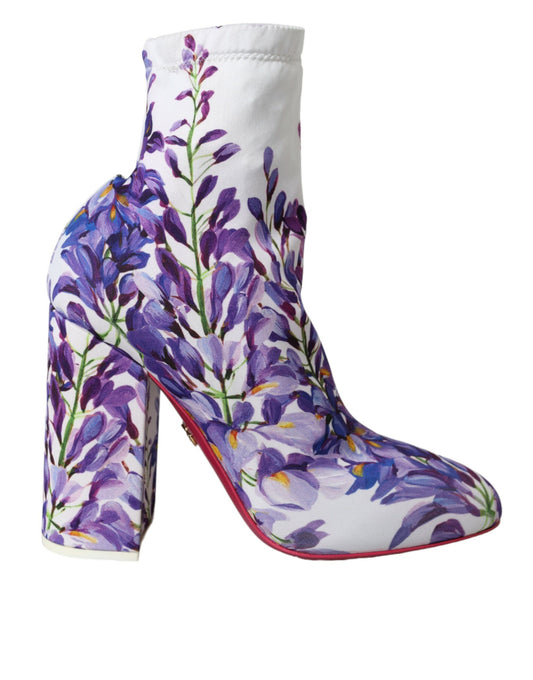 White Floral Jersey Stretch Boots Shoes