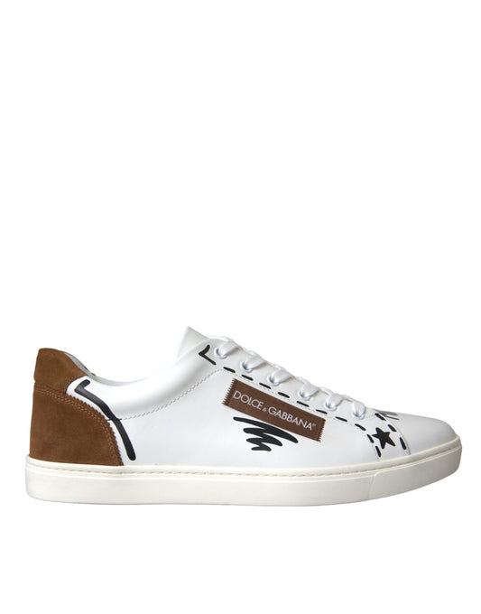 White Brown Leather Logo Low Top Sneakers Shoes