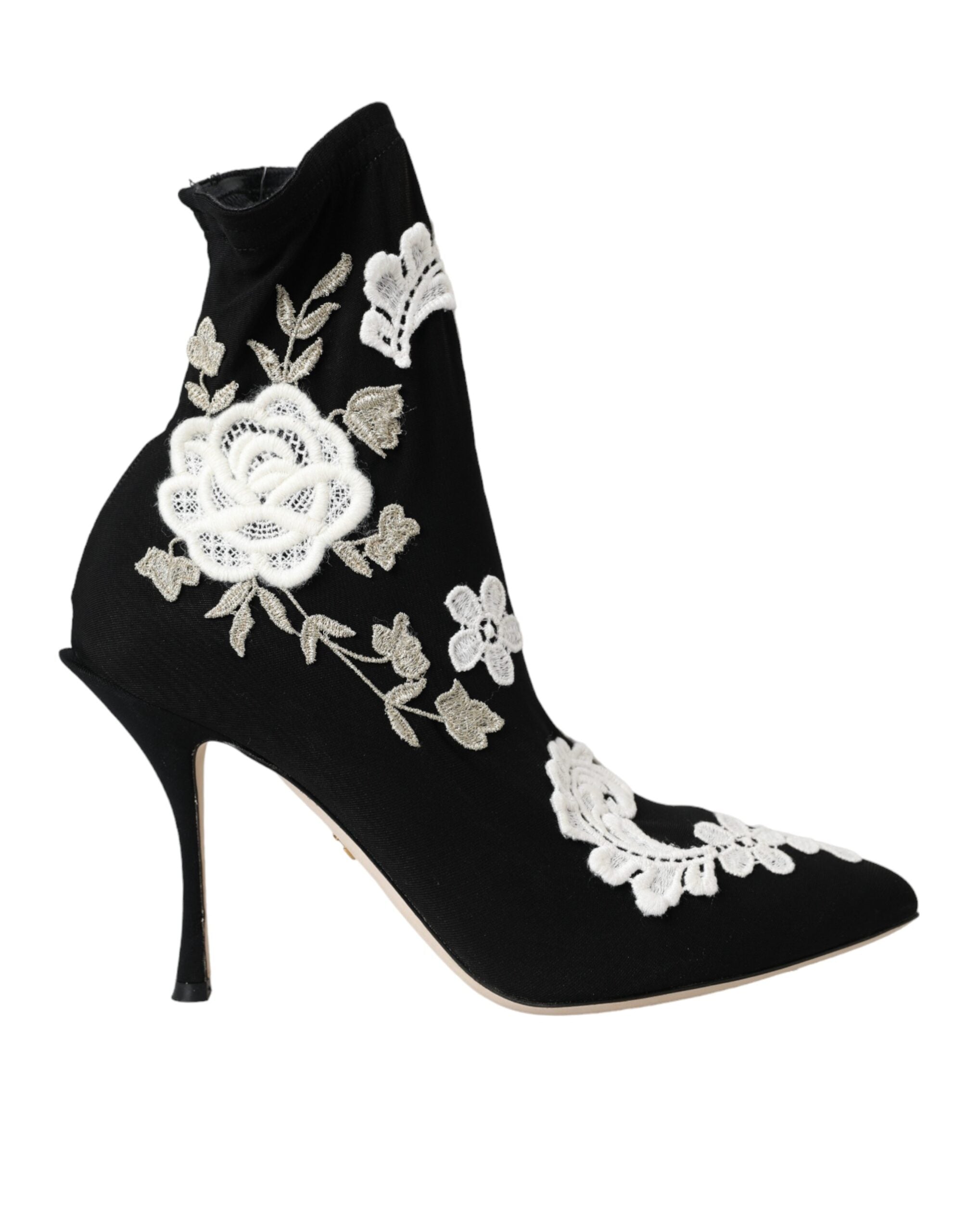 Black White Embroidery Slip On Boots Shoes