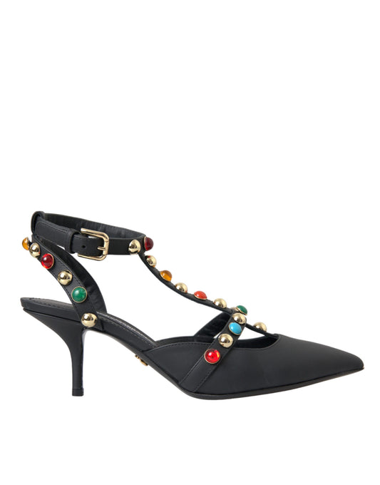 Black Leather Embellished Heels Sandal Shoes