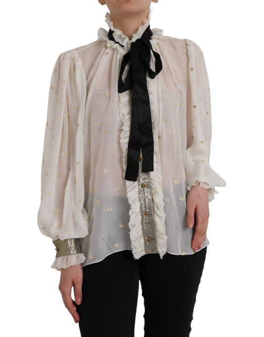 Off White Silk Blend Ascot Collar Blouse Top