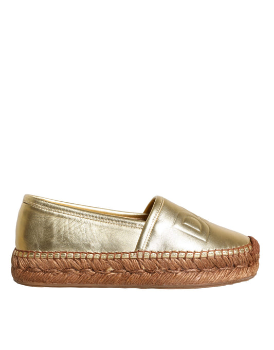 Gold Leather Loafers Flats Espadrille Shoes