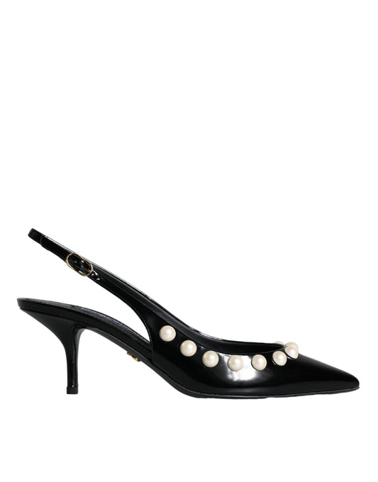 Black Leather Faux Pearl Heel Slingback Shoes