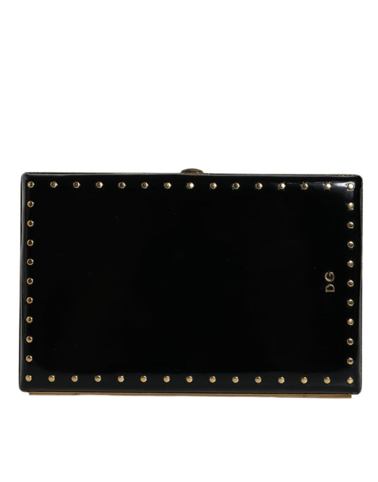 Black Leather Studs Gold Frame Clutch Evening Purse Bag