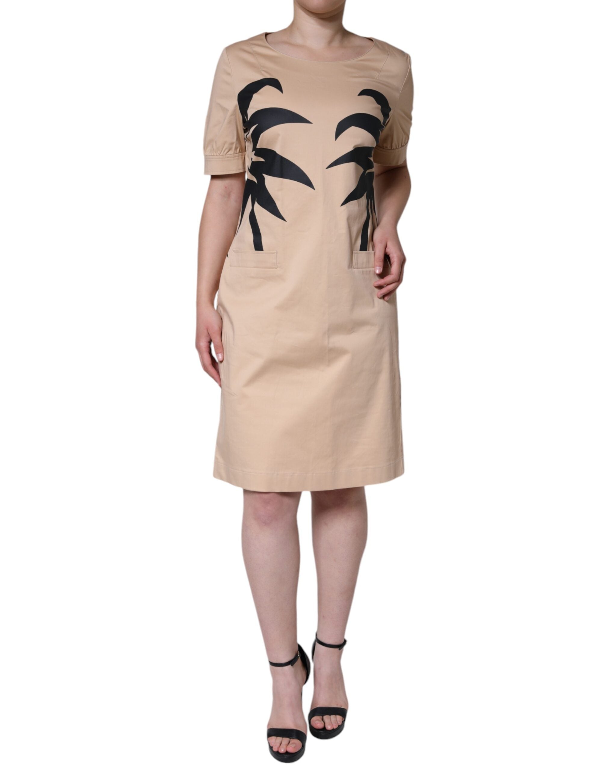 Beige Cotton Short Sleeve Knee Length Dress