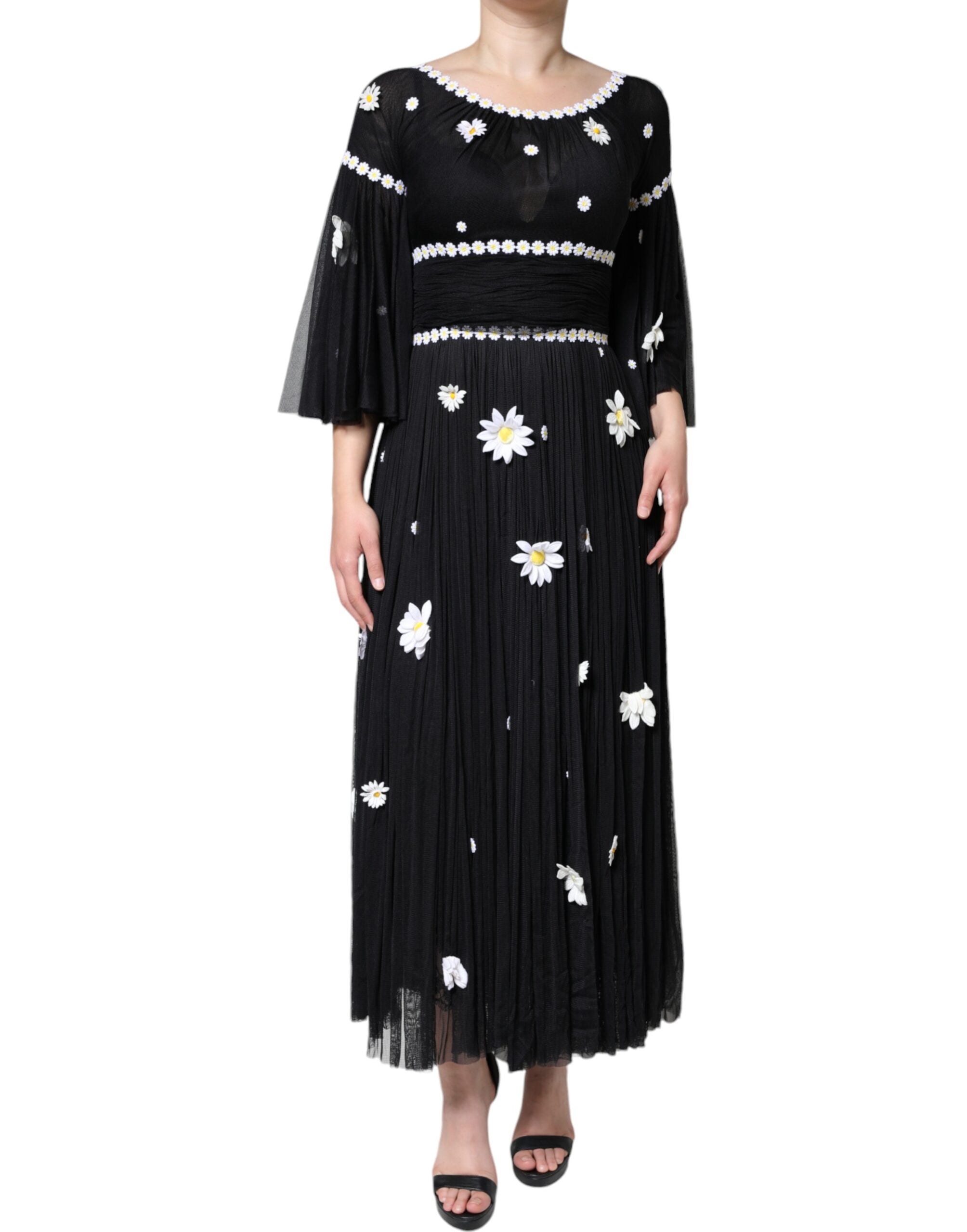 Black Silk Daisy A-line Long Maxi Dress