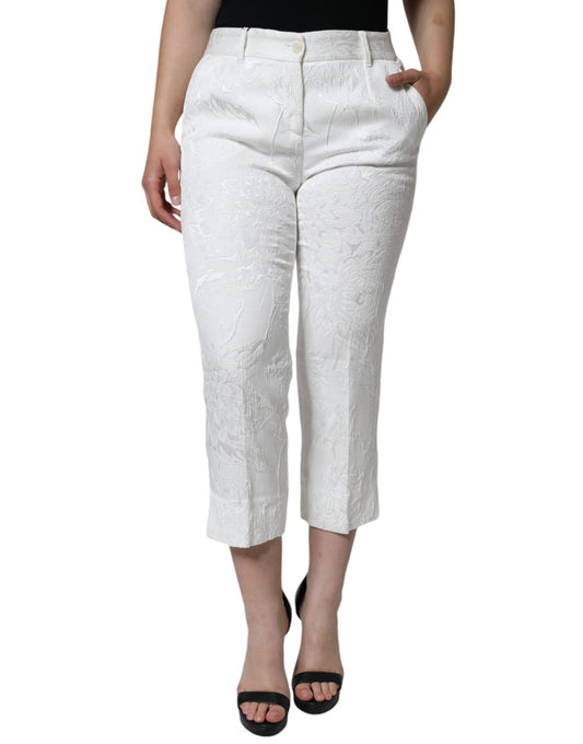 White Floral Brocade Cotton Cropped Pants