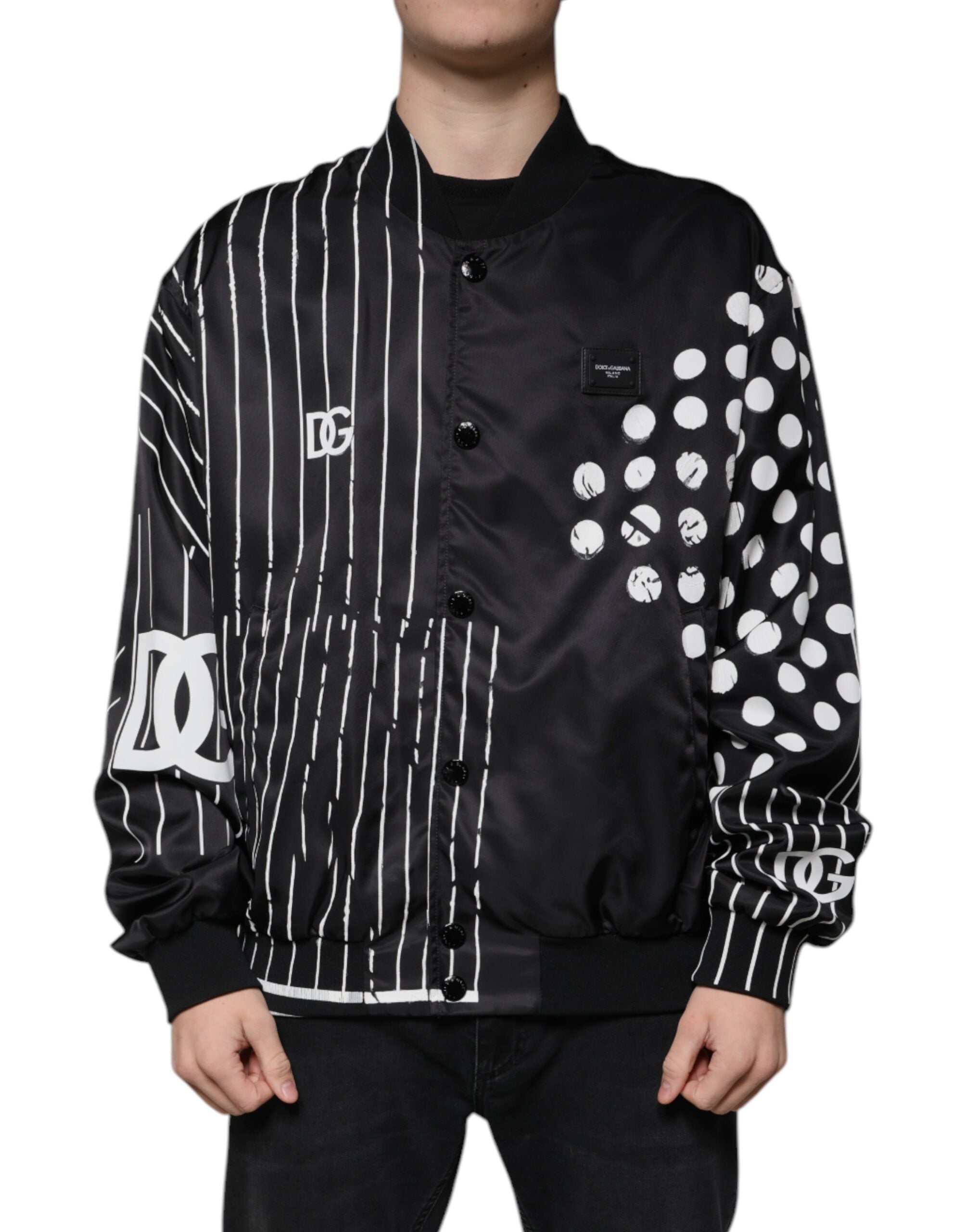 Black Polka Dot Stripe Nylon Bomber Jacket